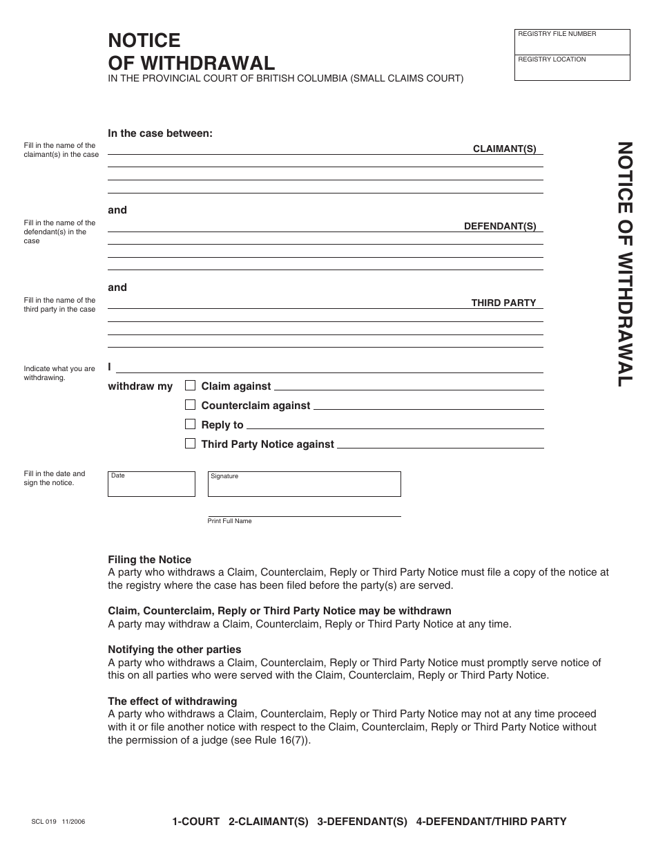 Form SCL019 Notice of Withdrawal - British Columbia, Canada, Page 1
