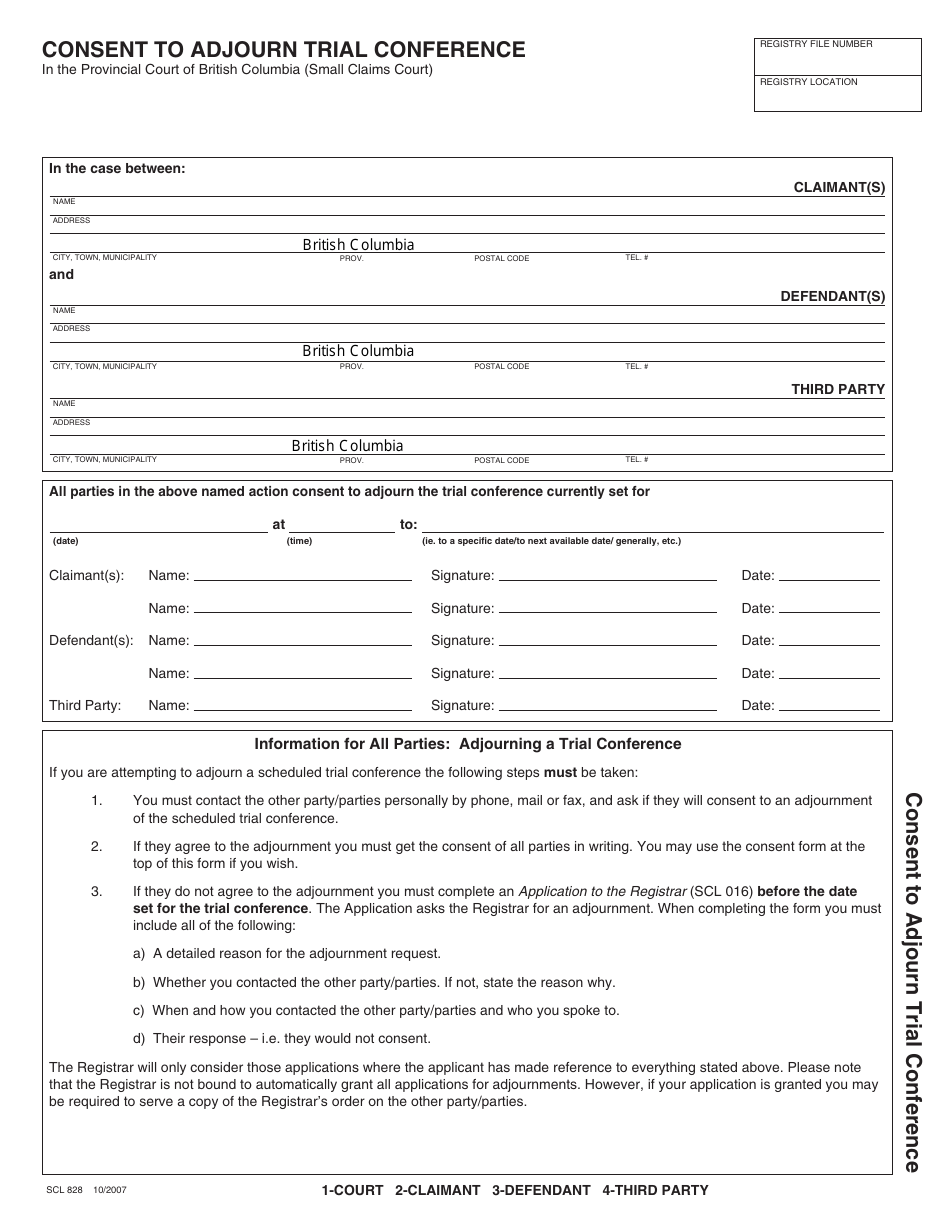 Form SCL828 Consent to Adjourn Trial Conference - British Columbia, Canada, Page 1