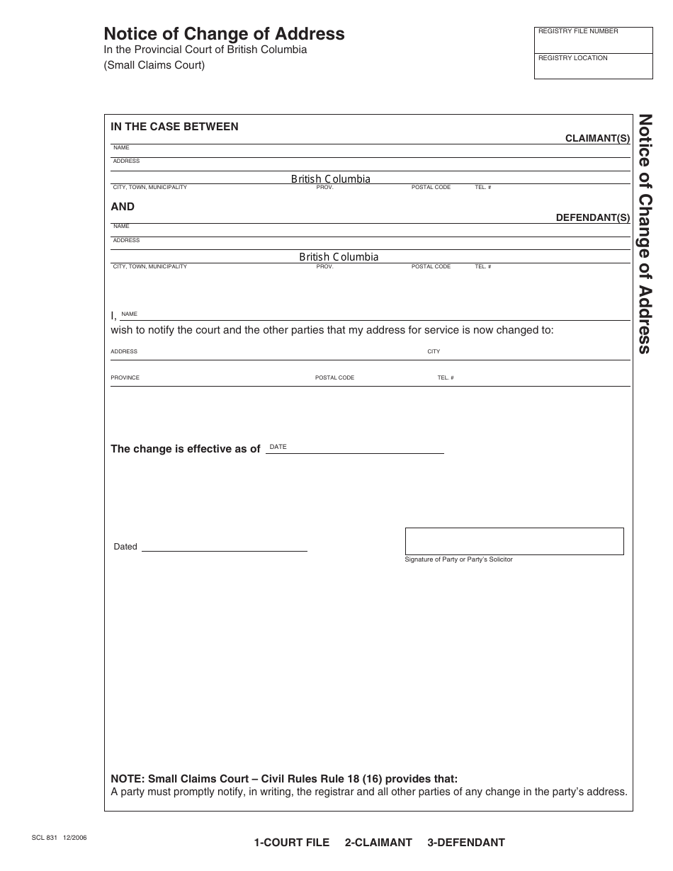 Form SCL831 Notice of Change of Address - British Columbia, Canada, Page 1