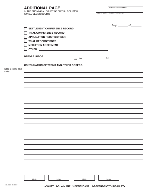 Form SCL029 Additional Page - British Columbia, Canada