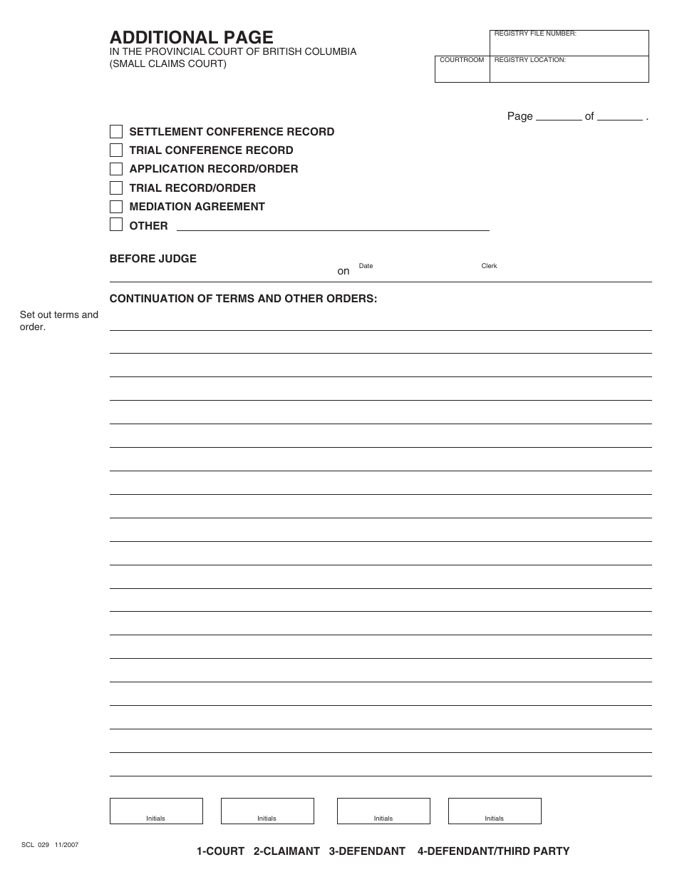 Form SCL029 Additional Page - British Columbia, Canada, Page 1