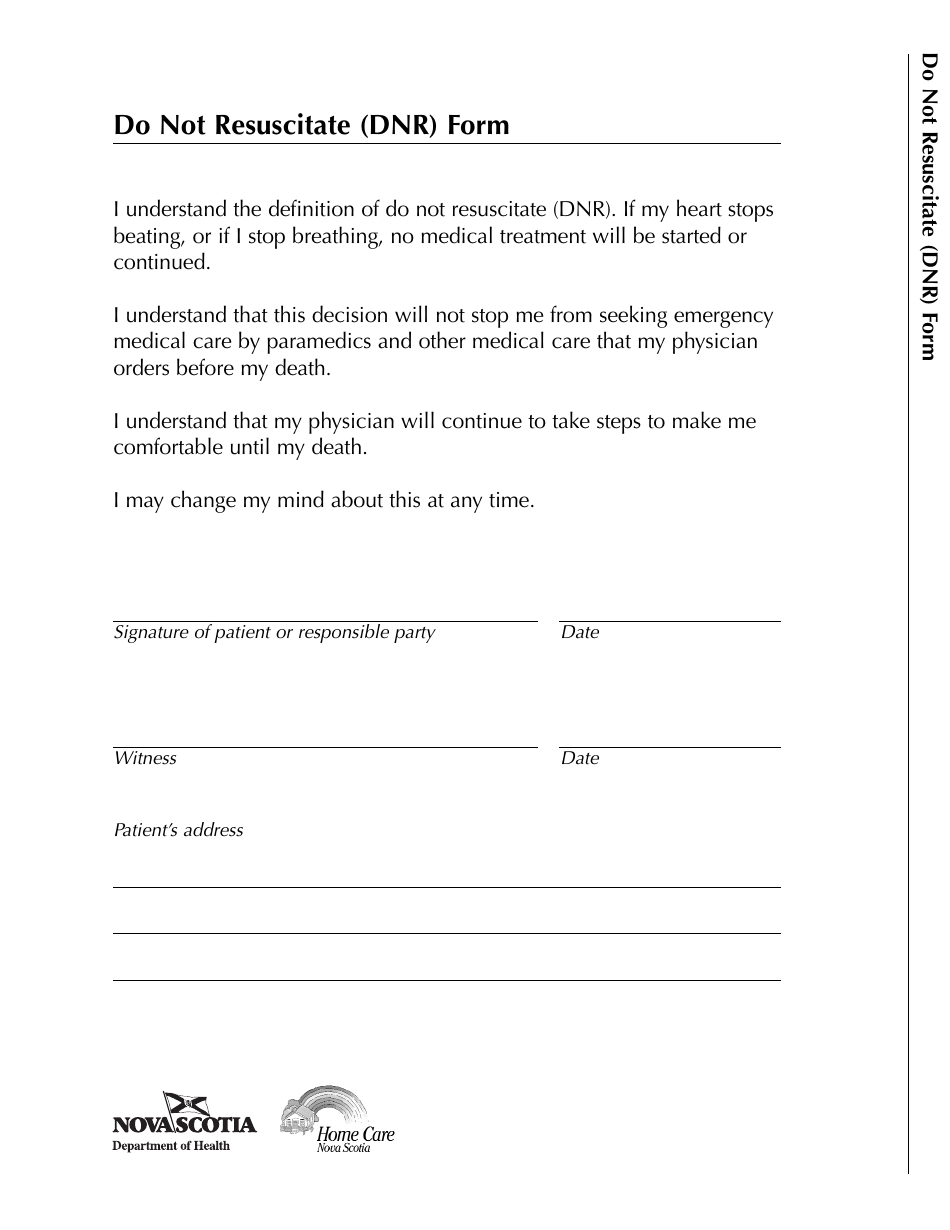 Do Not Resuscitate (DNR) Form - Nova Scotia, Canada, Page 1