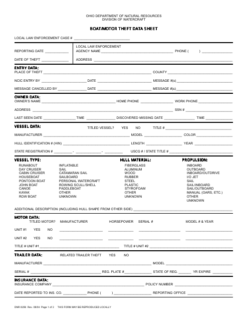 Form DNR8256 Boat/Motor Theft Data Sheet - Ohio