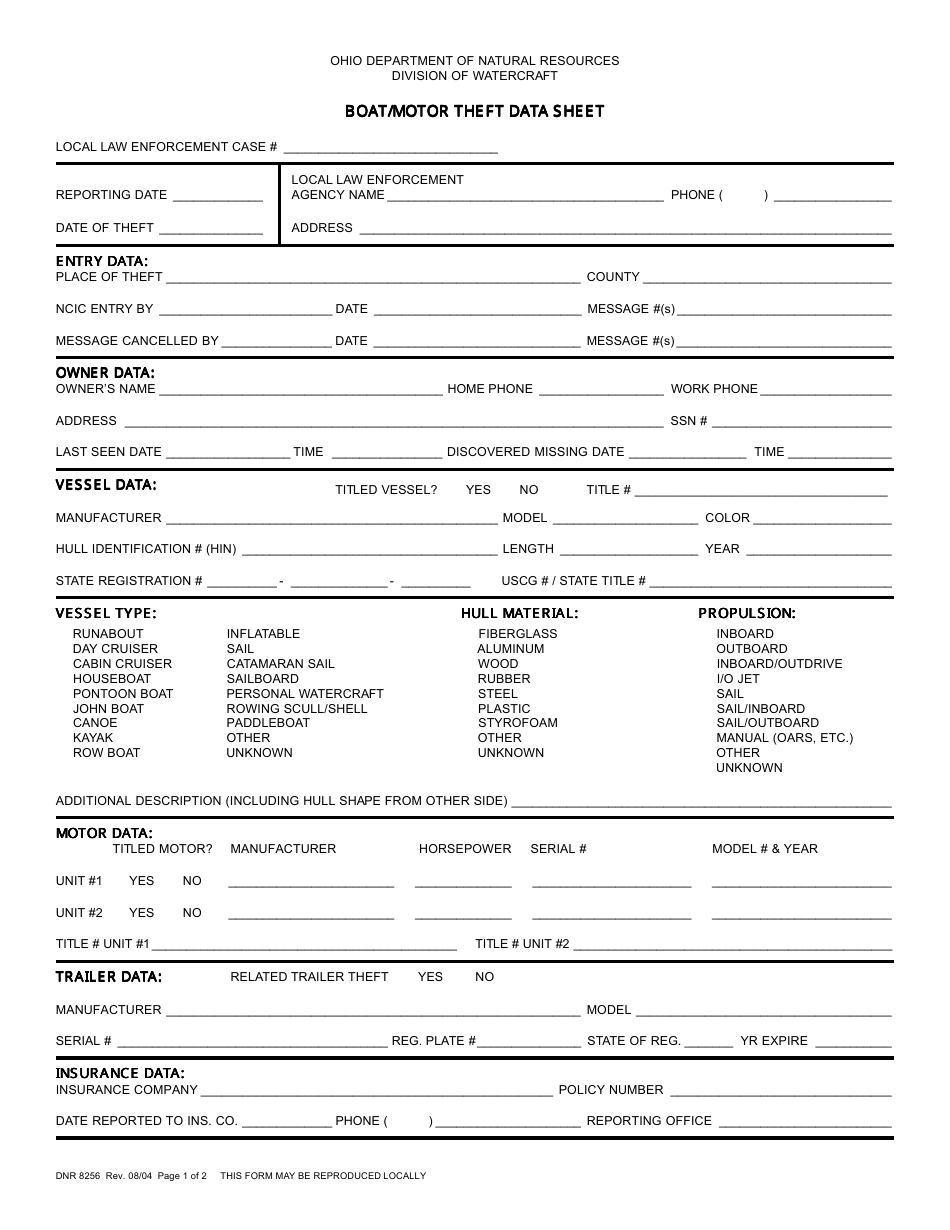 Form DNR8256 - Fill Out, Sign Online and Download Printable PDF, Ohio ...