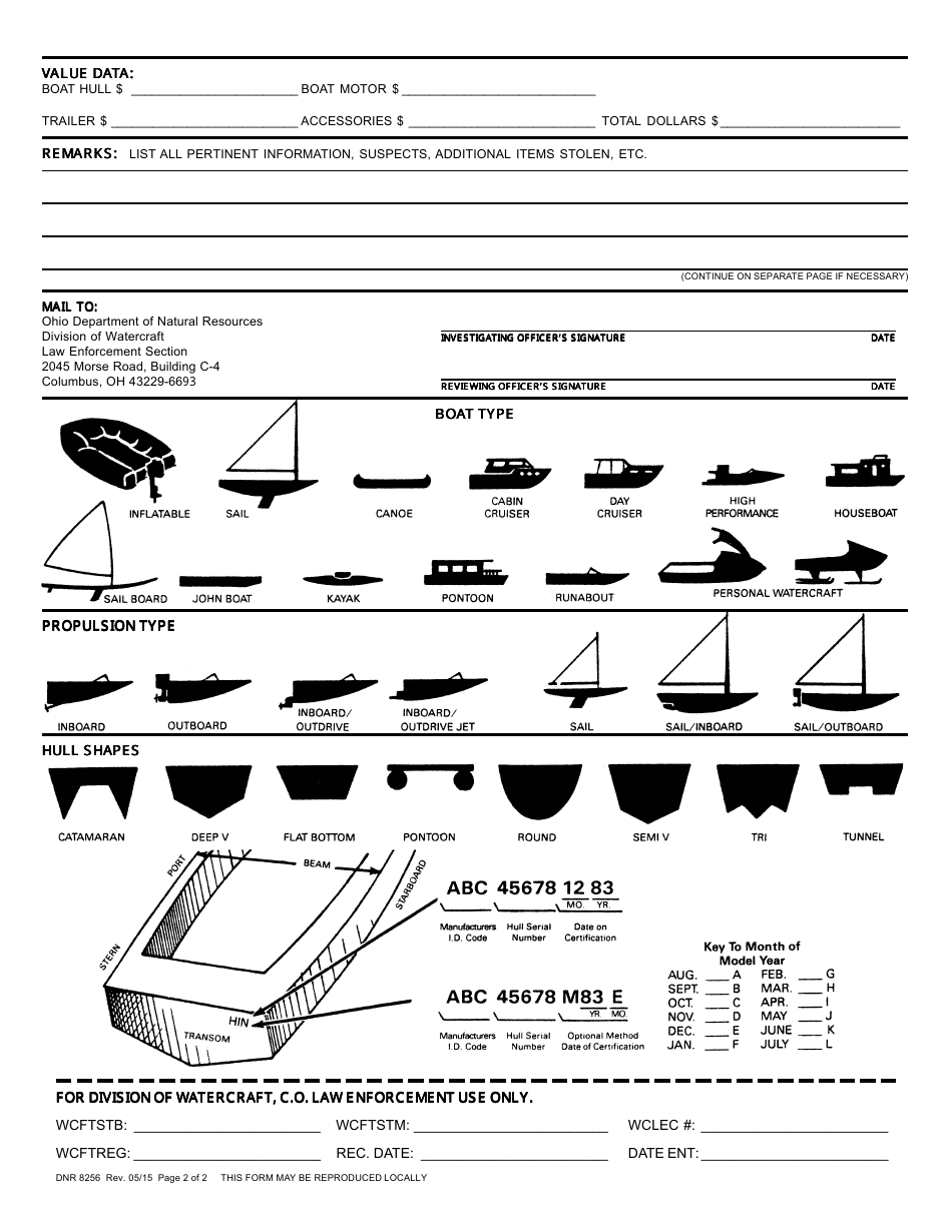 Form DNR8256 Boat / Motor Theft Data Sheet - Ohio, Page 2