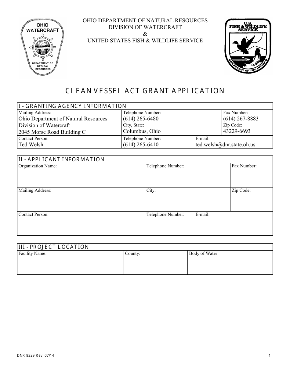 Form DNR8329 Clean Vessel Act Grant Application - Ohio, Page 1