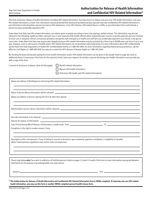 Form DOH-2557 Authorization for Release of Health Information & Confidential HIV-Related Information - New York