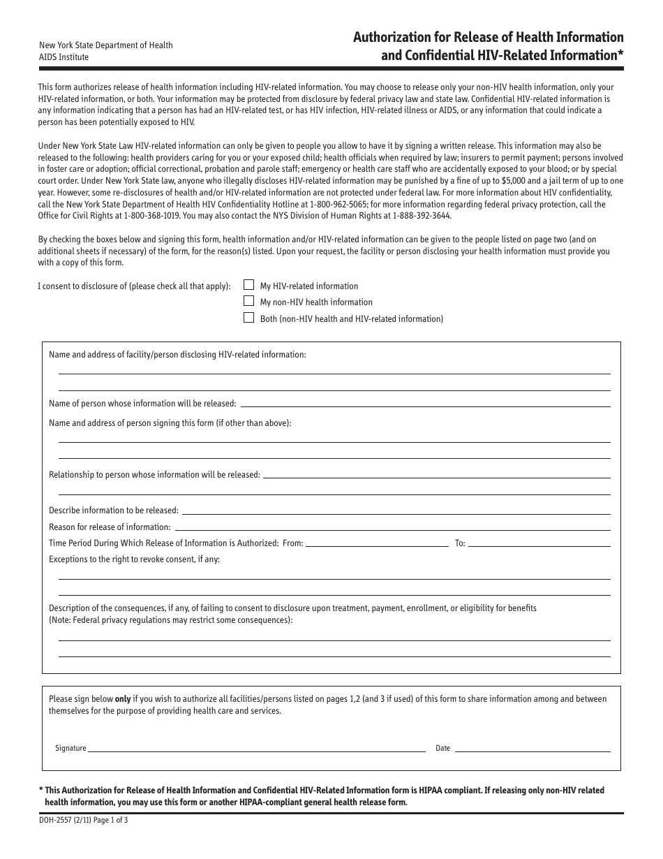 Form DOH-2557 Authorization for Release of Health Information  Confidential HIV-Related Information - New York, Page 1