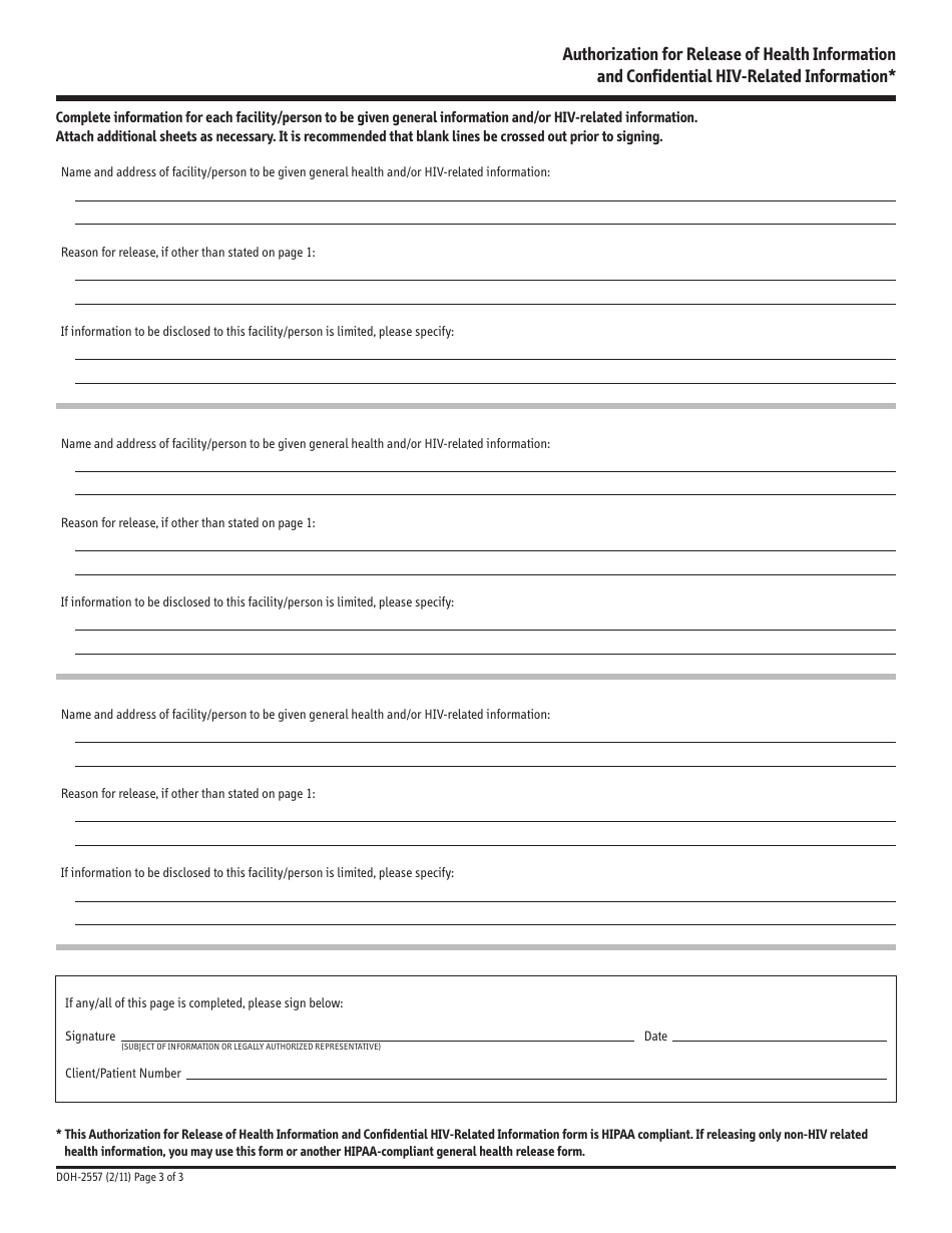 Form DOH-2557 Authorization for Release of Health Information  Confidential HIV-Related Information - New York, Page 3