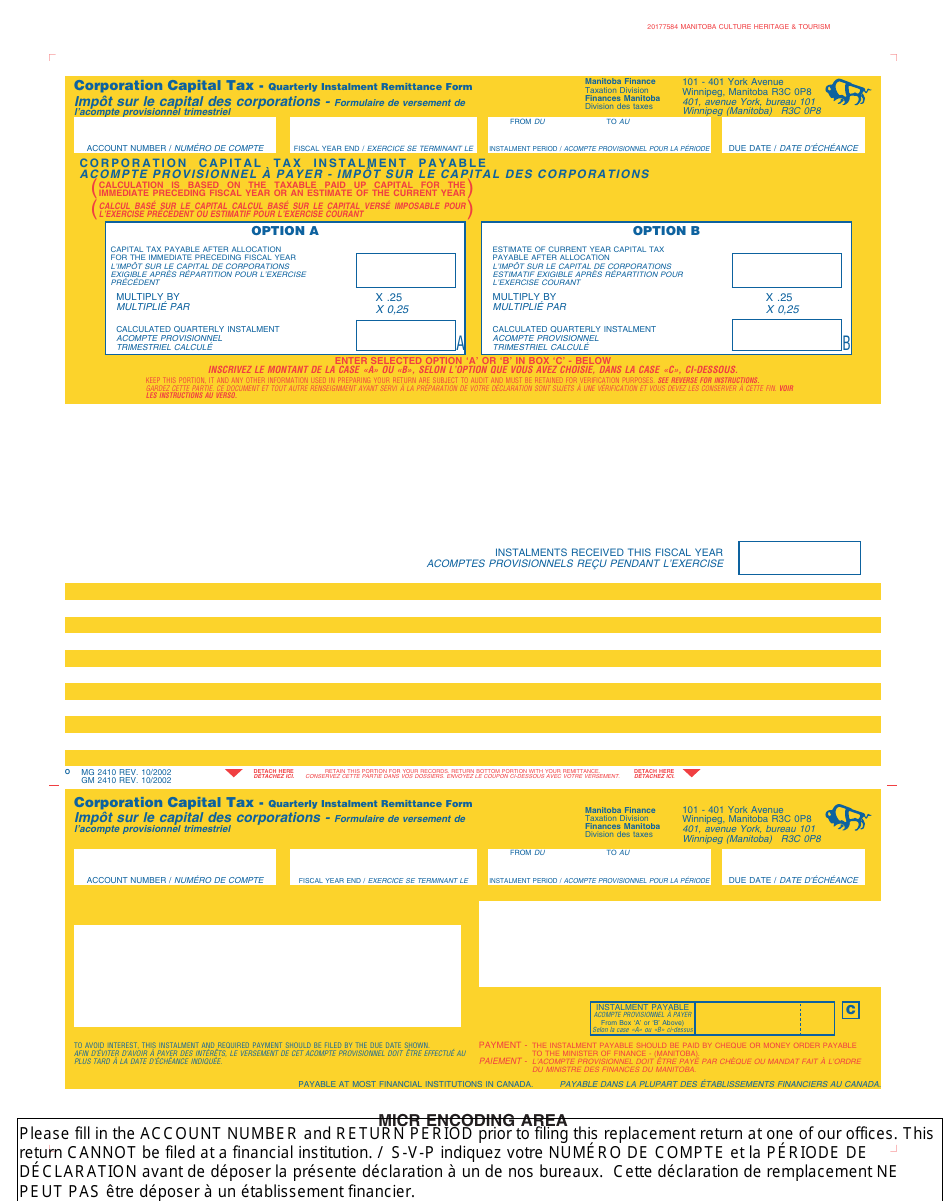 Manitoba Canada Replacement Corporation Capital Tax Quarterly Instalment Remittance Form Download Printable Pdf Templateroller