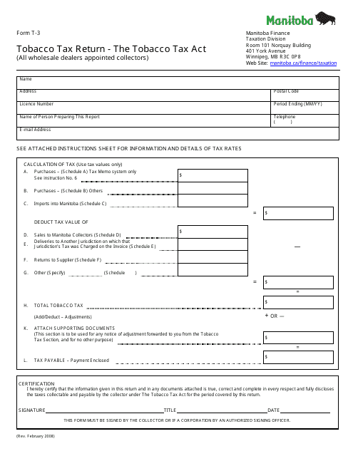 Form T-3 Tobacco Tax Return - the Tobacco Tax Act (All Wholesale Dealers Appointed Collectors ) - Manitoba, Canada