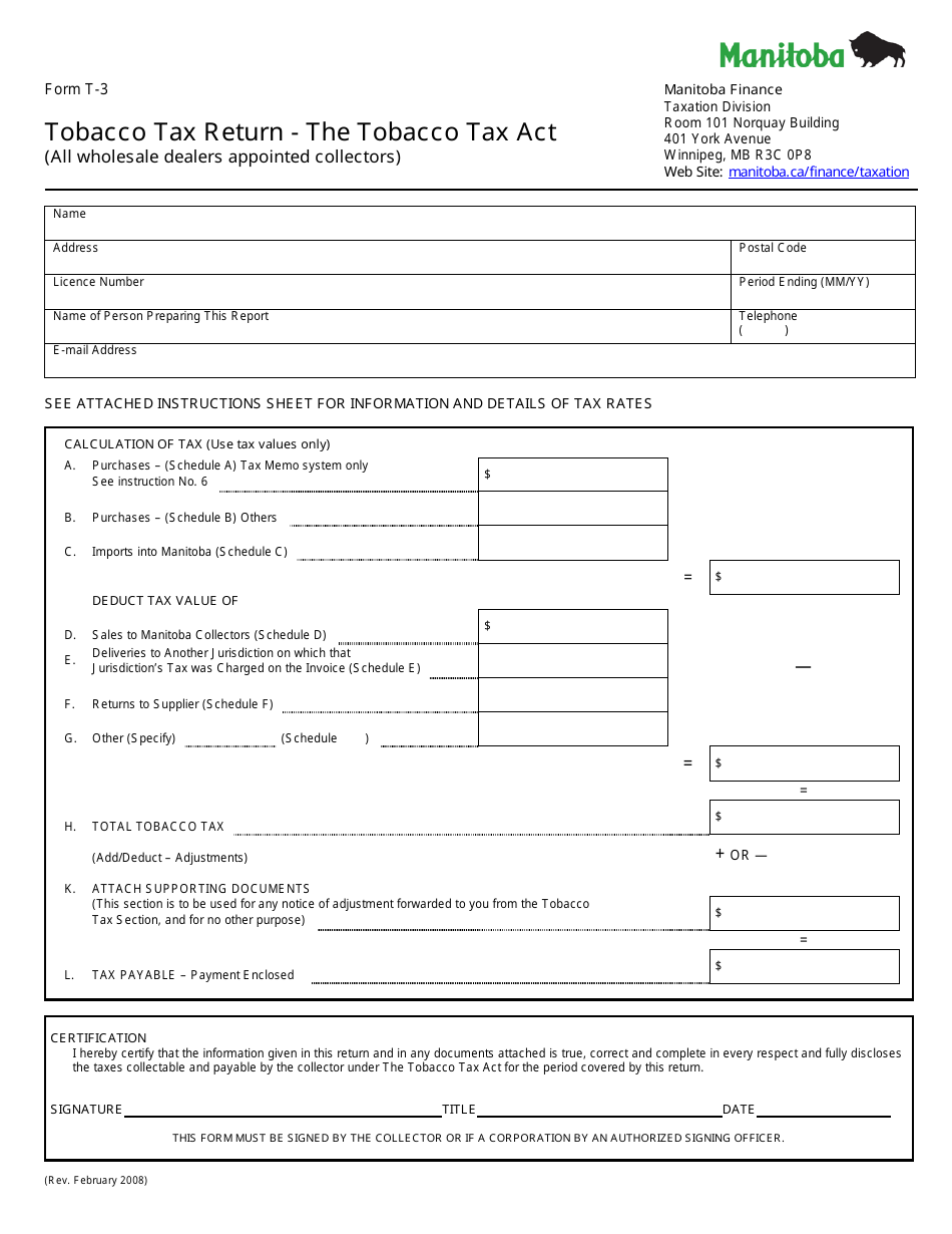 Form T-3 Tobacco Tax Return - the Tobacco Tax Act (All Wholesale Dealers Appointed Collectors ) - Manitoba, Canada, Page 1