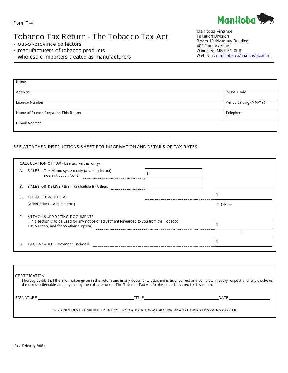 Form T-4 Tobacco Tax Return - the Tobacco Tax Act (Out-Of-Province Collectors, Manufacturers of Tobacco Products, Wholesale Importers Treated as Manufacturers) - Manitoba, Canada, Page 1