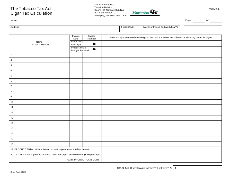 Form T-8 Cigar Tax Calculation - Manitoba, Canada, Page 1