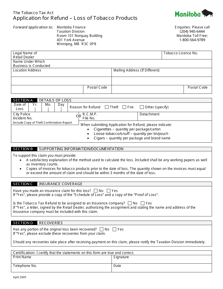 Application for Refund - Loss of Tobacco Products - Manitoba, Canada, Page 1