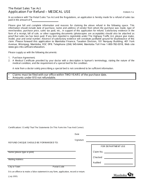 Form R.T.6 Application for Refund - Medical Use - Manitoba, Canada