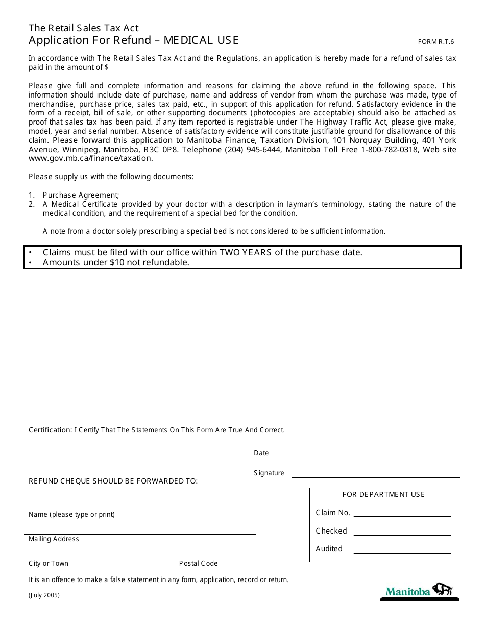 Form R.T.6 Application for Refund - Medical Use - Manitoba, Canada, Page 1