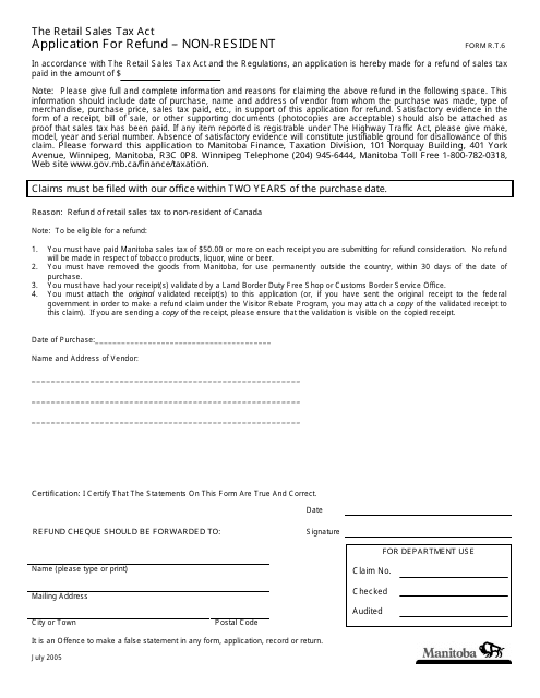 Form R.T.6 Application for Refund - Non-resident - Manitoba, Canada