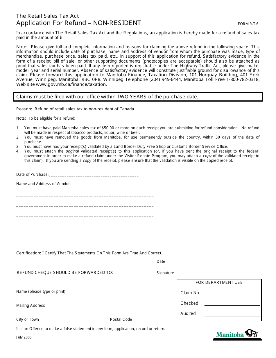 Form R.T.6 Application for Refund - Non-resident - Manitoba, Canada, Page 1