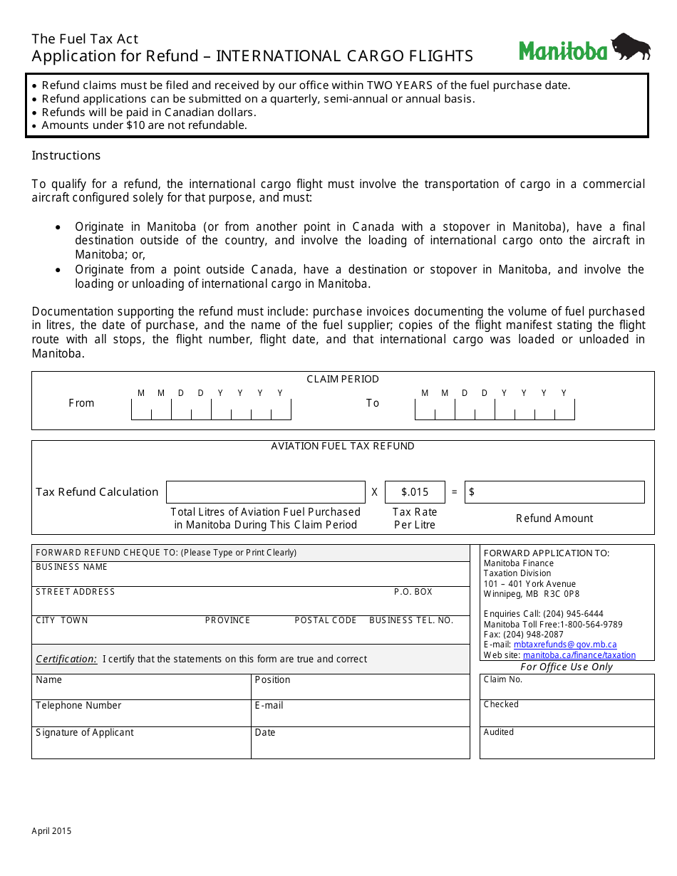 Application for Refund - International Cargo Flights - Manitoba, Canada, Page 1