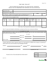 Document preview: Form F-13 Application for Refund of Tax Paid on Fuel Exported in Bulk out of Manitoba for Purposes of Sale or Resale - Manitoba, Canada