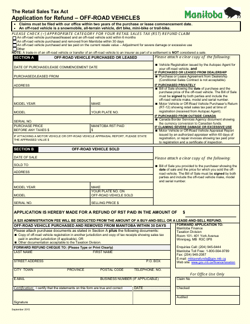 Application for Refund - off-Road Vehicles - Manitoba, Canada Download Pdf