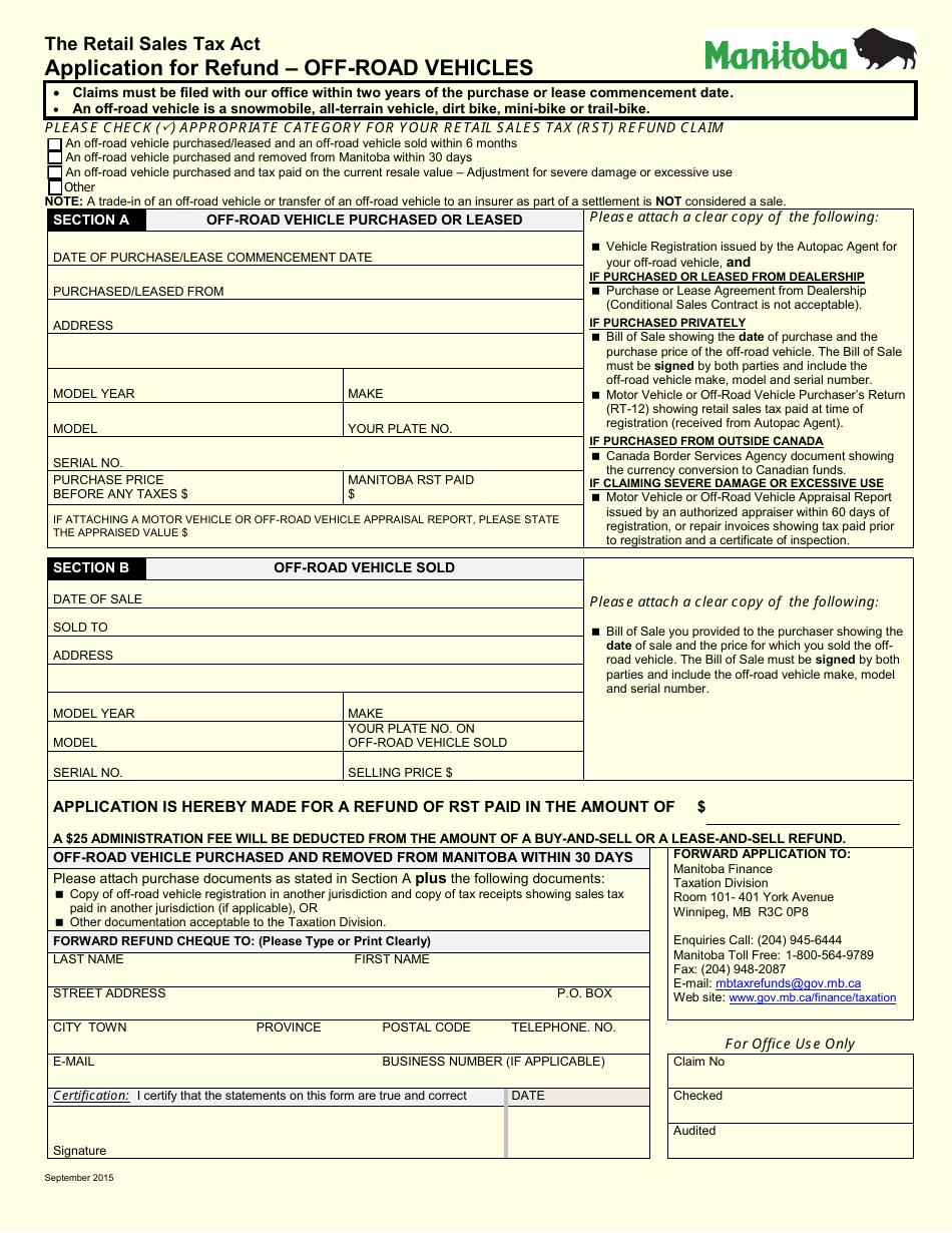 Application for Refund - off-Road Vehicles - Manitoba, Canada, Page 1