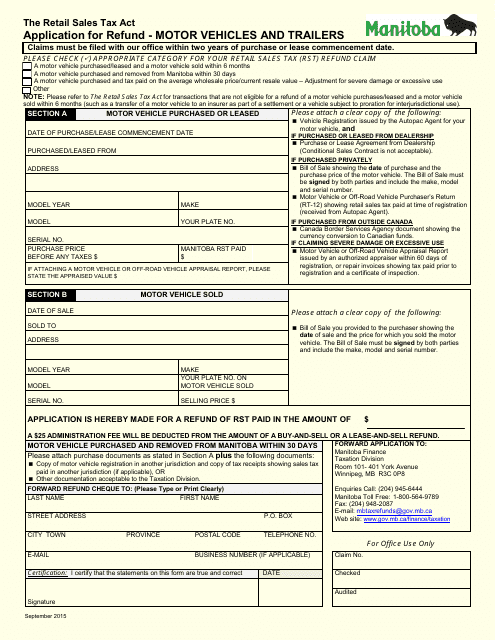 Application for Refund - Motor Vehicles and Trailers - Manitoba, Canada Download Pdf