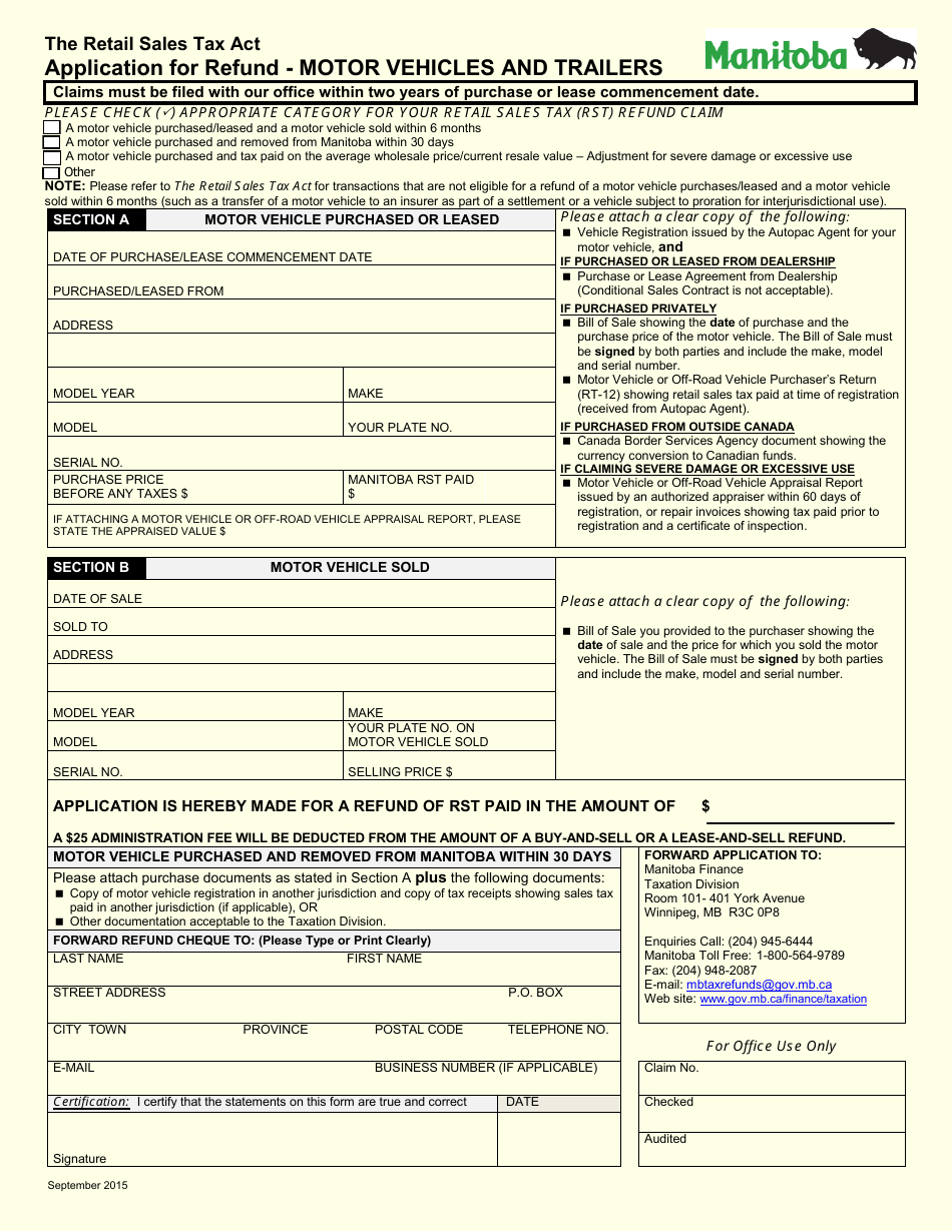 Application for Refund - Motor Vehicles and Trailers - Manitoba, Canada, Page 1