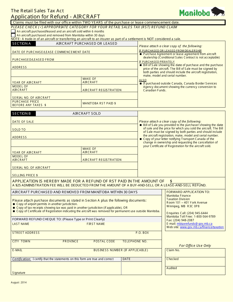Application for Refund - Aircraft - Manitoba, Canada, Page 1