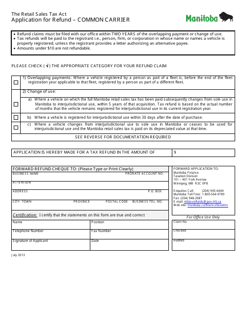 Application for Refund - Common Carrier - Manitoba, Canada