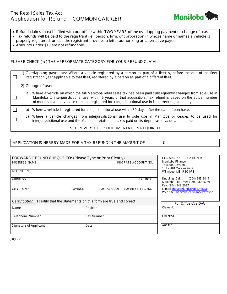 Application for Refund - Common Carrier - Manitoba, Canada, Page 1