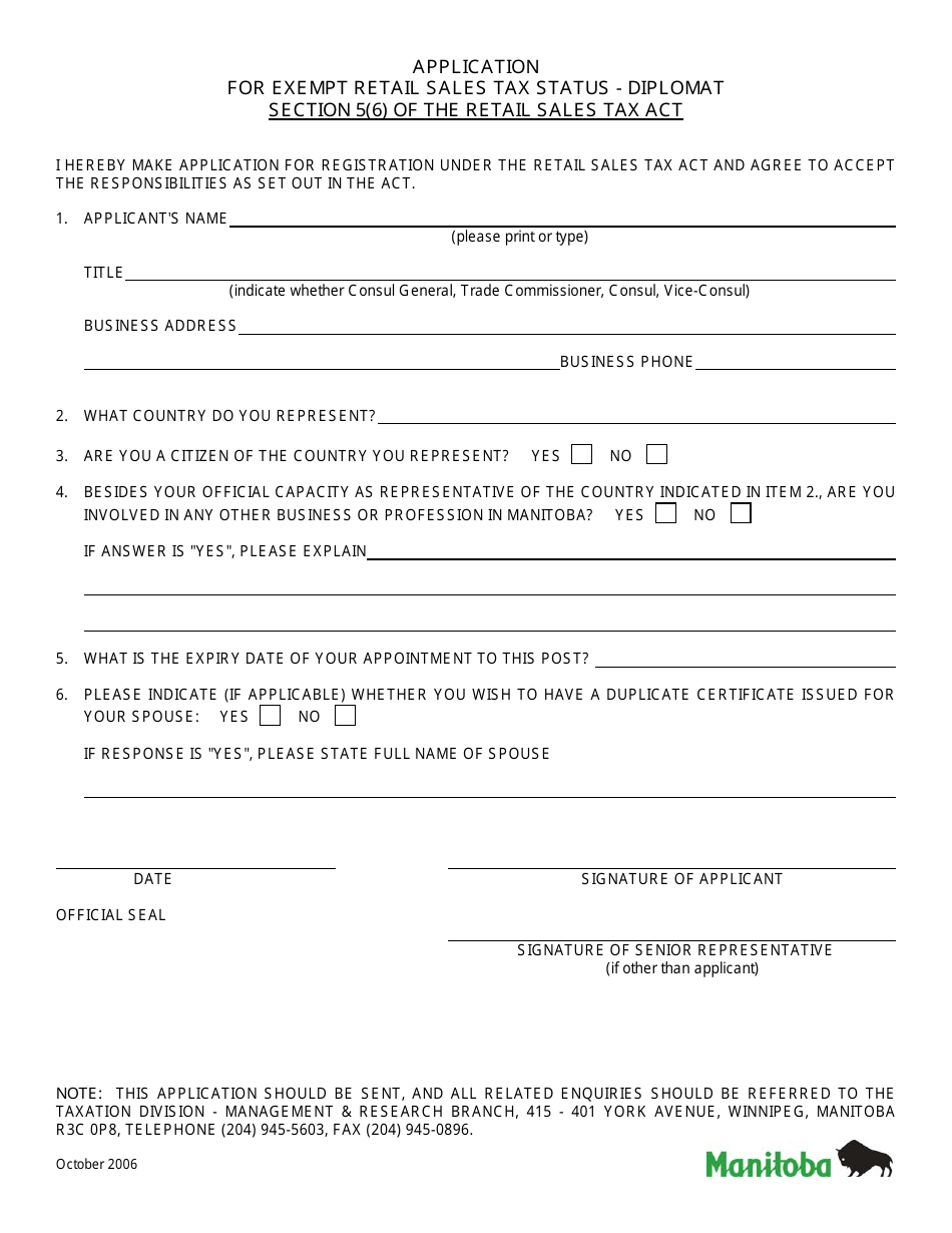 Manitoba Canada Application for Exempt Retail Sales Tax Status
