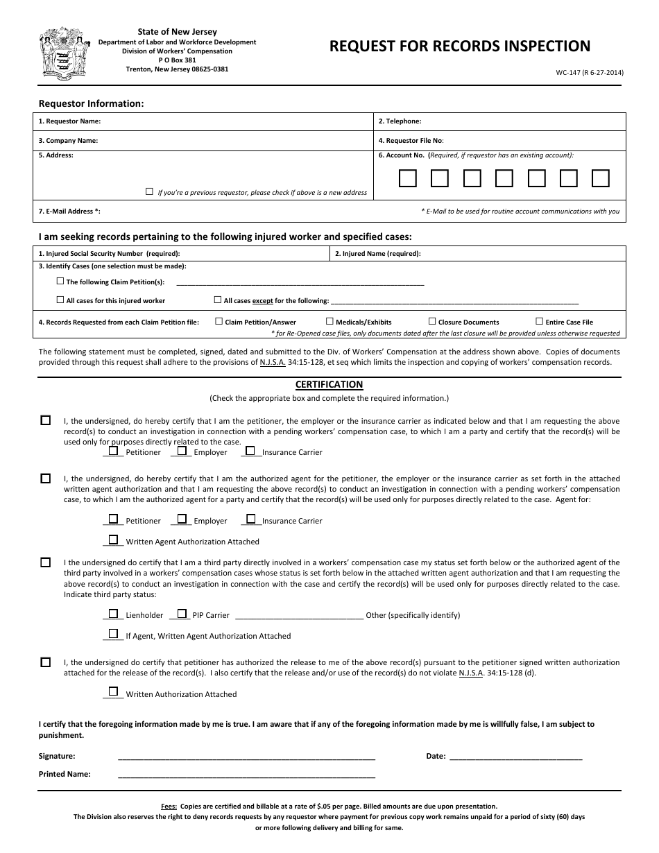 Form WC-147 Request for Records Inspection - New Jersey, Page 1