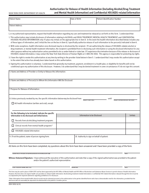 Form DOH-5032 Authorization for Release of Information (Including Alcohol/Drug Treatment and Mental Health Information) and Confidential HIV/AIDS-Related Information - New York