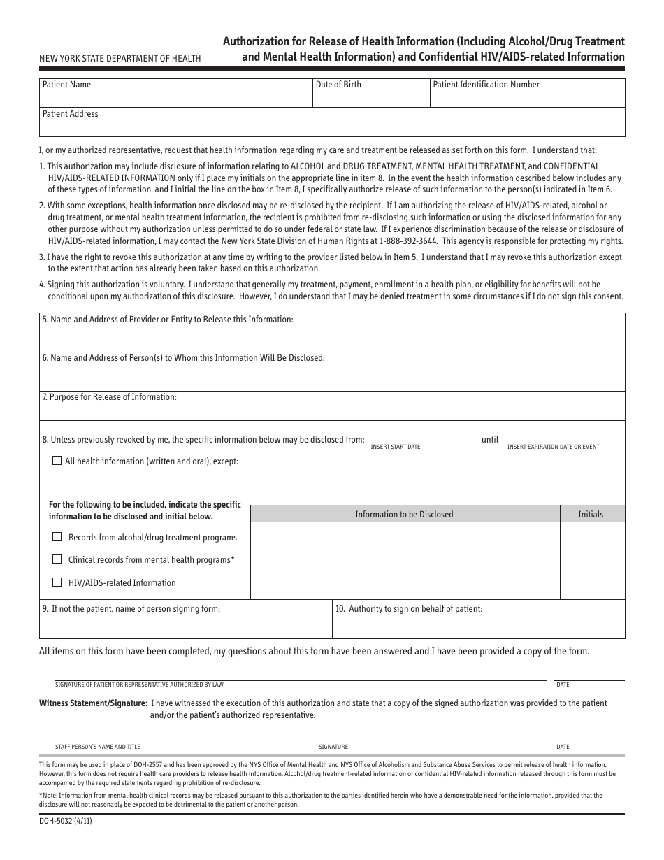 Form DOH5032 Fill Out, Sign Online and Download Printable PDF, New