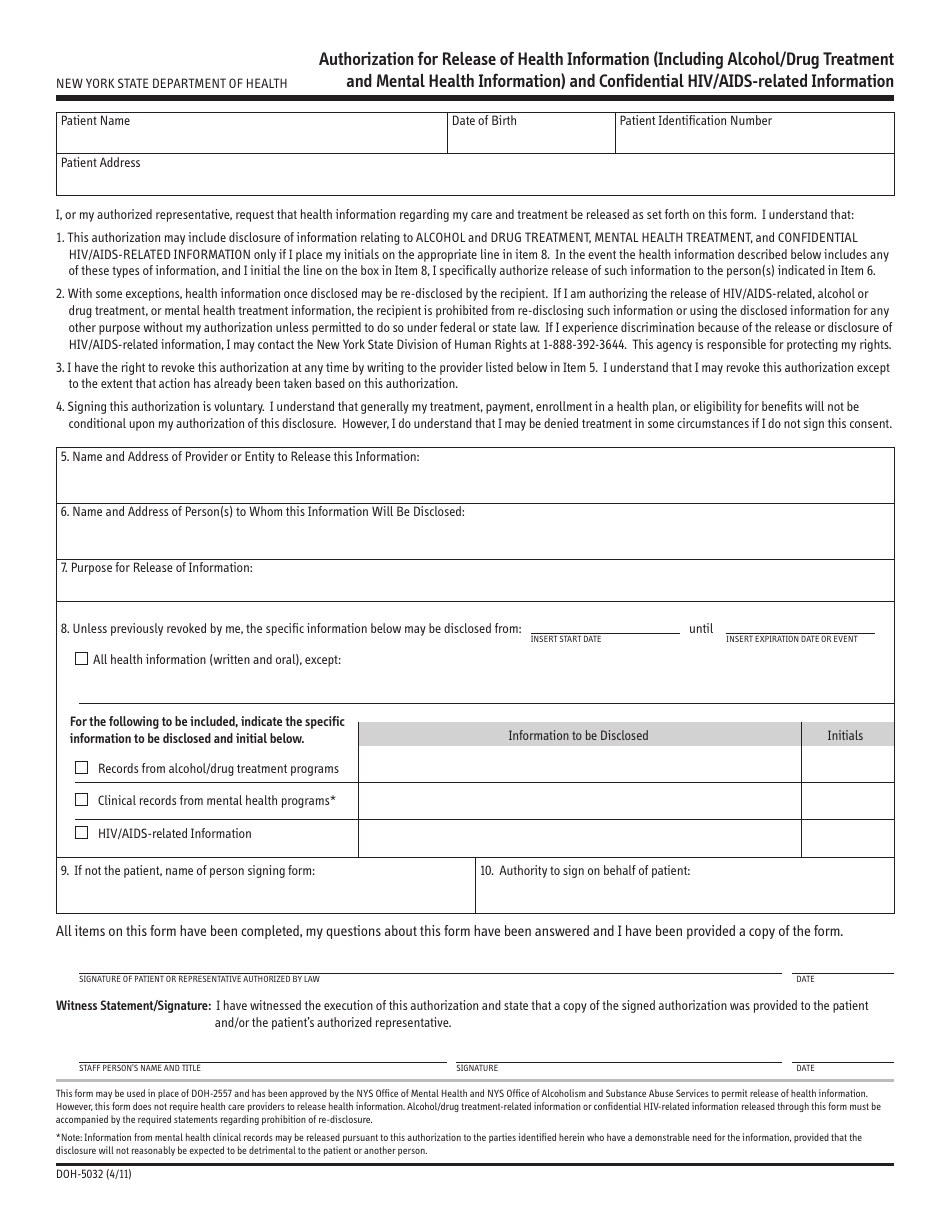 Form DOH-5032 Authorization for Release of Information (Including Alcohol / Drug Treatment and Mental Health Information) and Confidential HIV / AIDS-Related Information - New York, Page 1