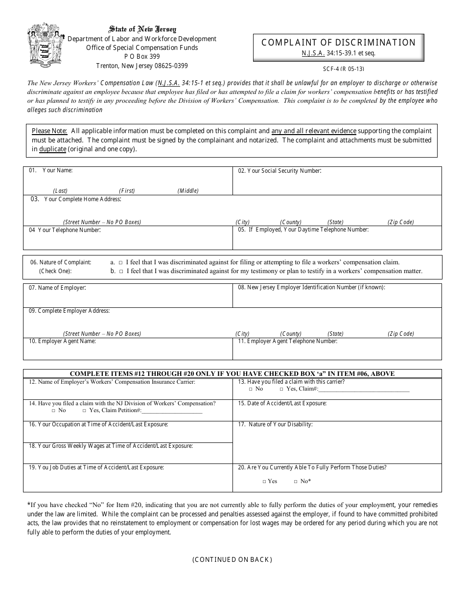 Form SCF-4 Complaint of Discrimination - New Jersey, Page 1
