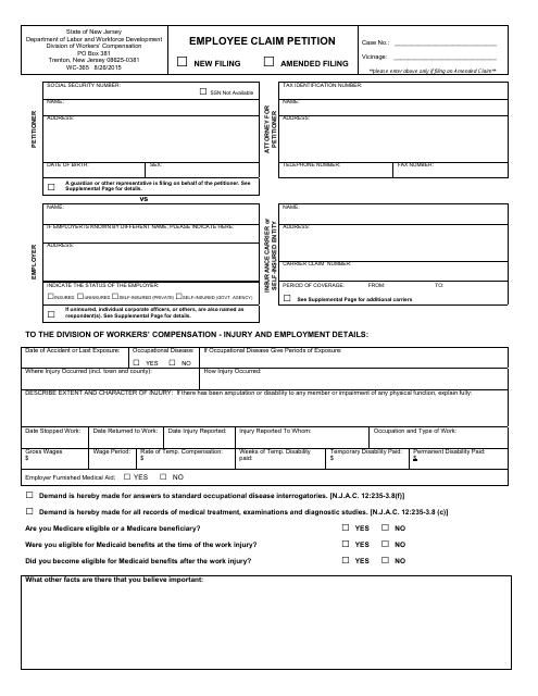 Form WC-365 Employee Claim Petition - New Jersey