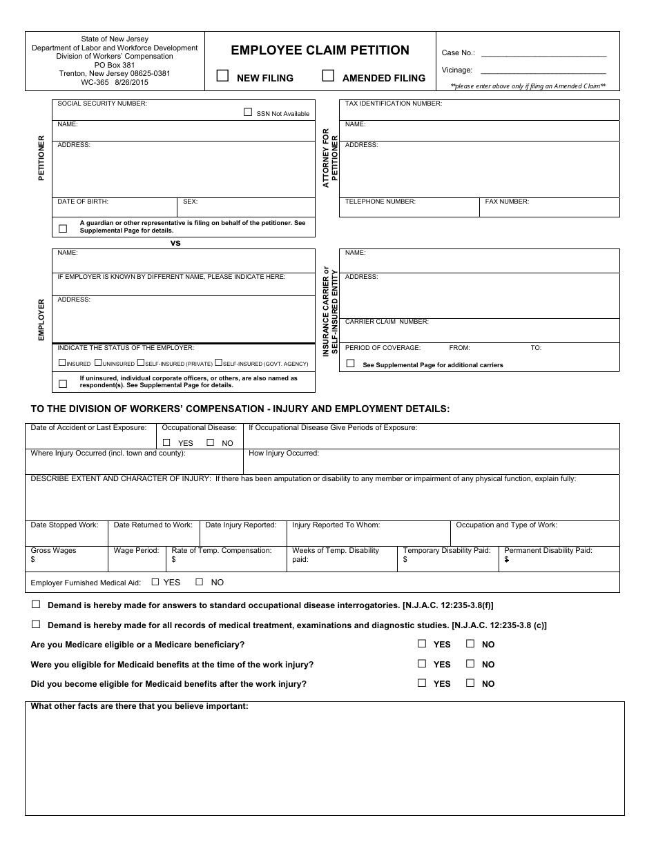 Form WC-365 Employee Claim Petition - New Jersey, Page 1