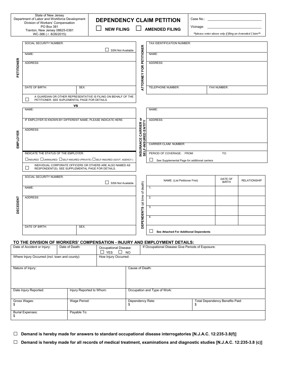 Form WC-366 Dependency Claim Petition - New Jersey, Page 1