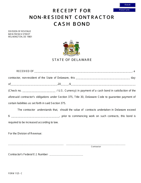 Form 1125-C Receipt for Non-resident Contractor Cash Bond - Delaware