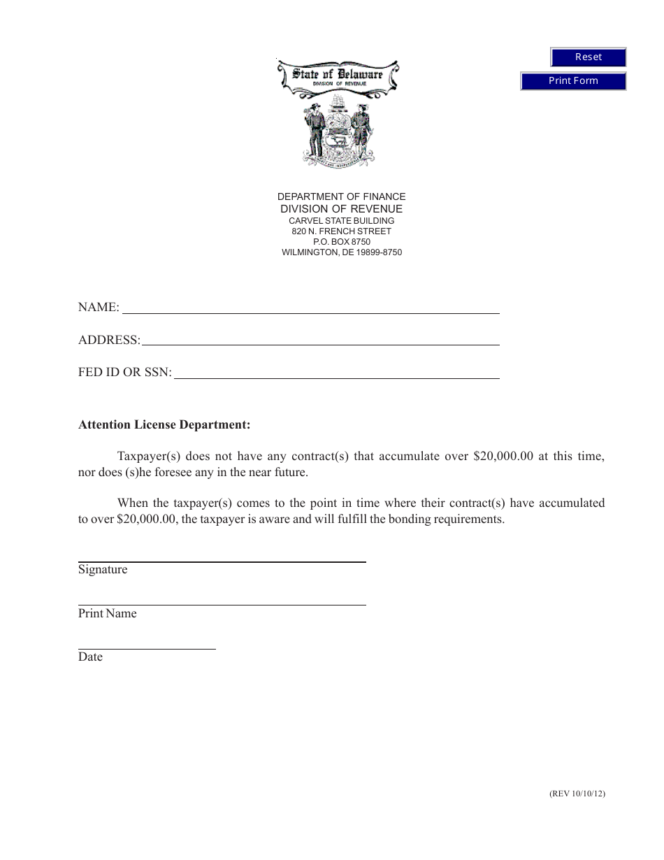 Non-resident Contractor - Letter for Contract Under $20,000 - Delaware, Page 1