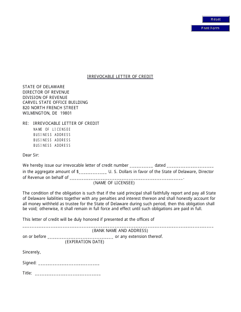Non-resident Contractor - Irrevocable Letter of Credit - Delaware Download Pdf