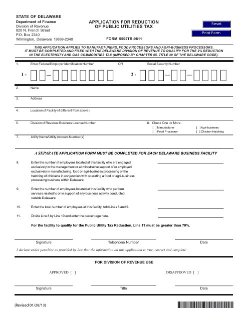 Form 5502TR-9811 Application for Reduction of Public Utilities Tax - Delaware