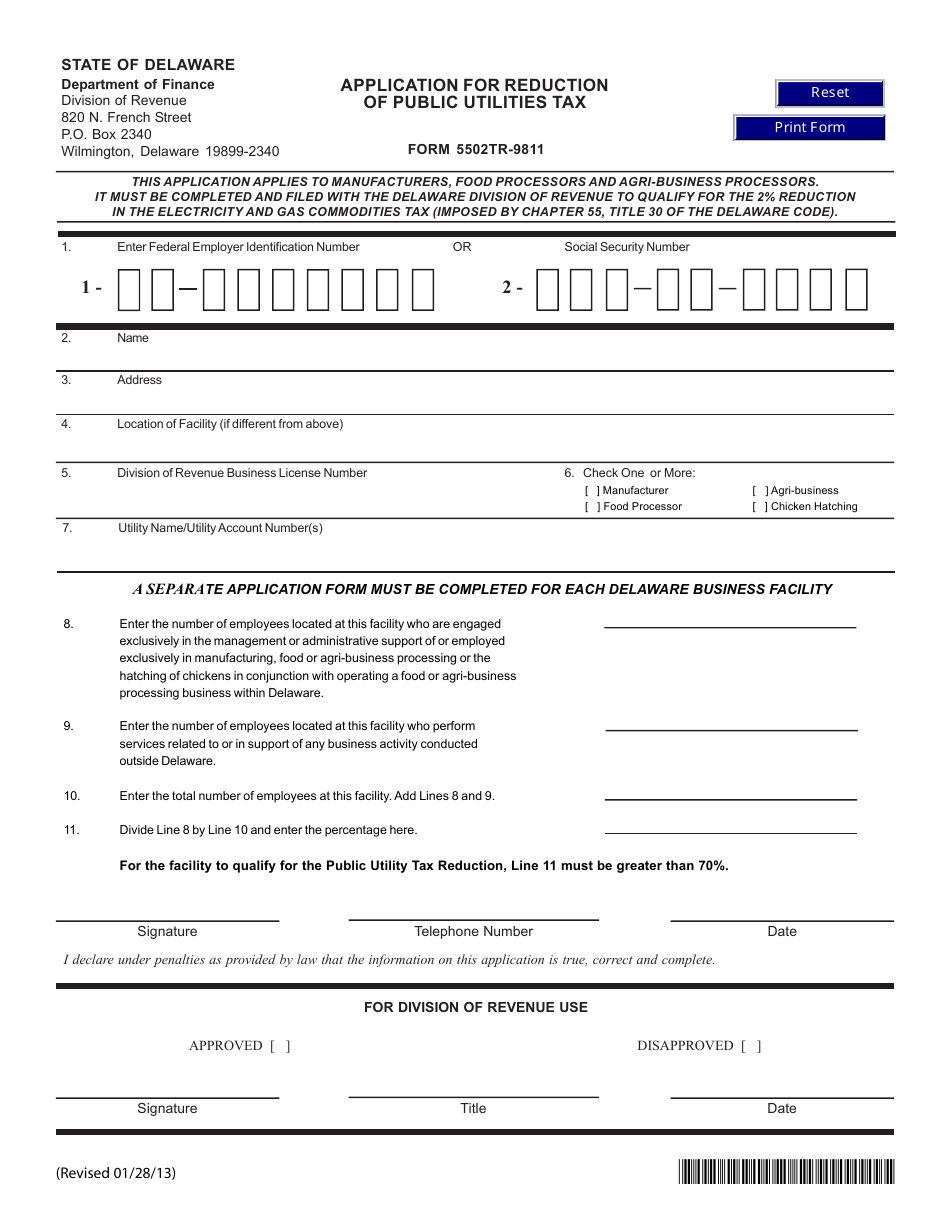 Form 5502TR-9811 Application for Reduction of Public Utilities Tax - Delaware, Page 1