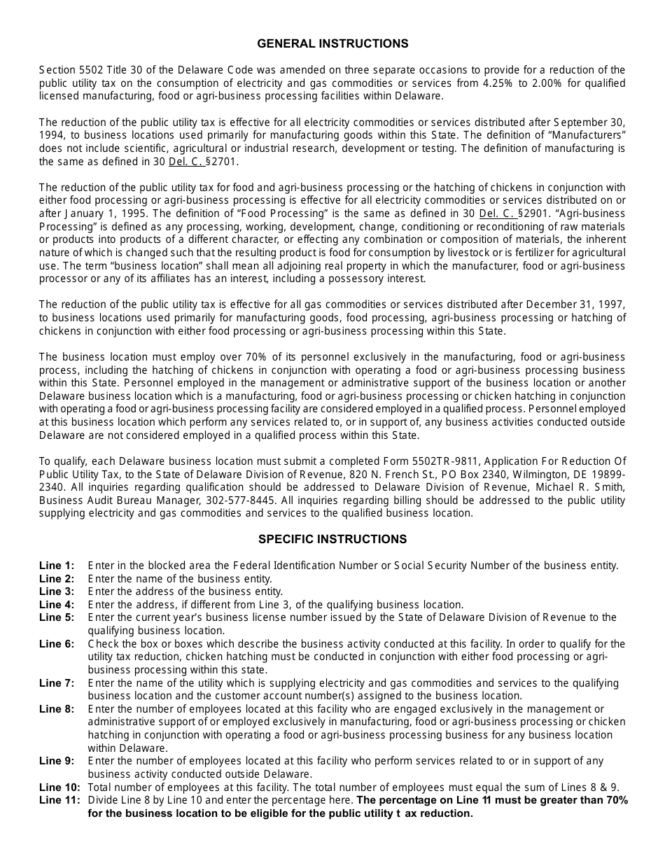 Form 5502TR-9811 Application for Reduction of Public Utilities Tax - Delaware, Page 2