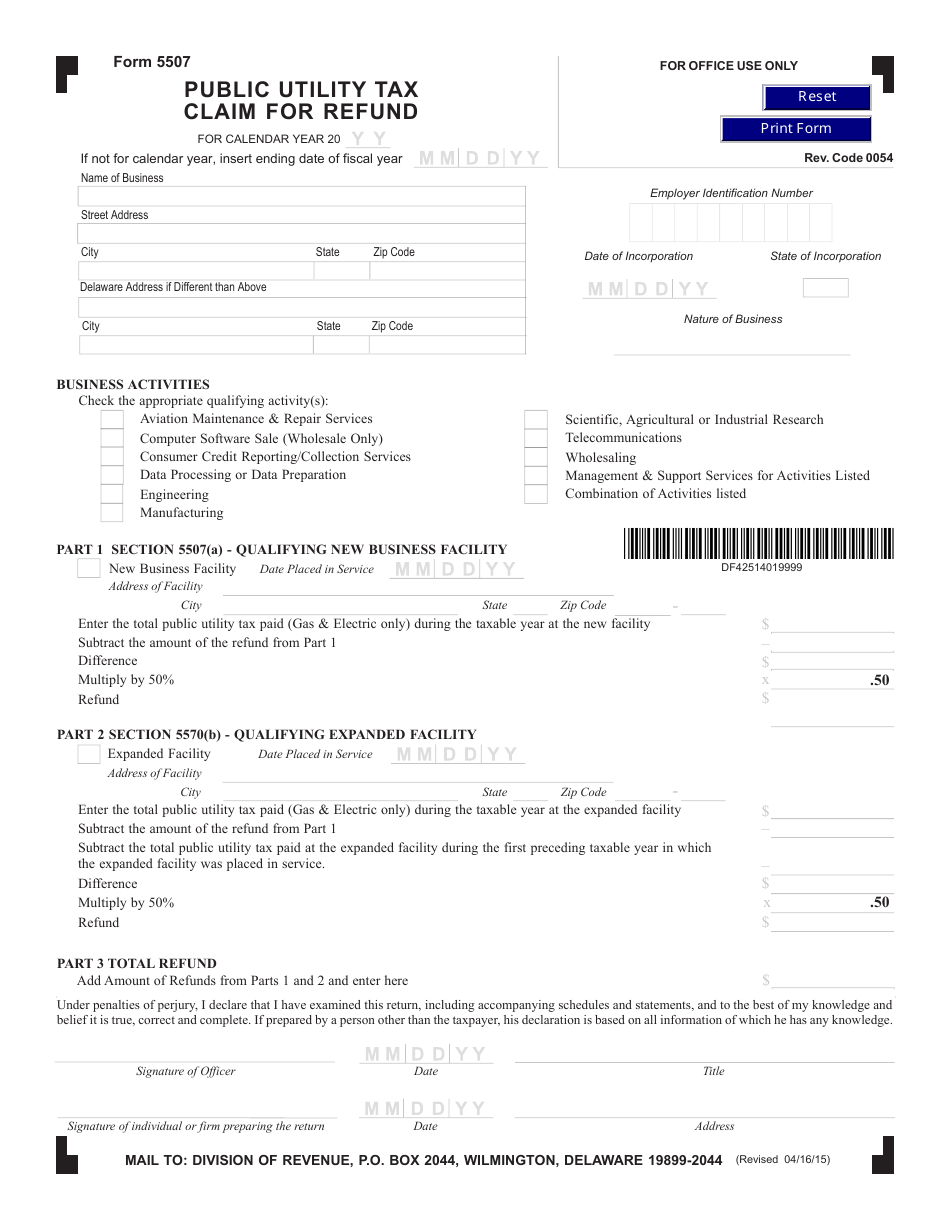 Form 5507 Fill Out, Sign Online and Download Fillable PDF, Delaware