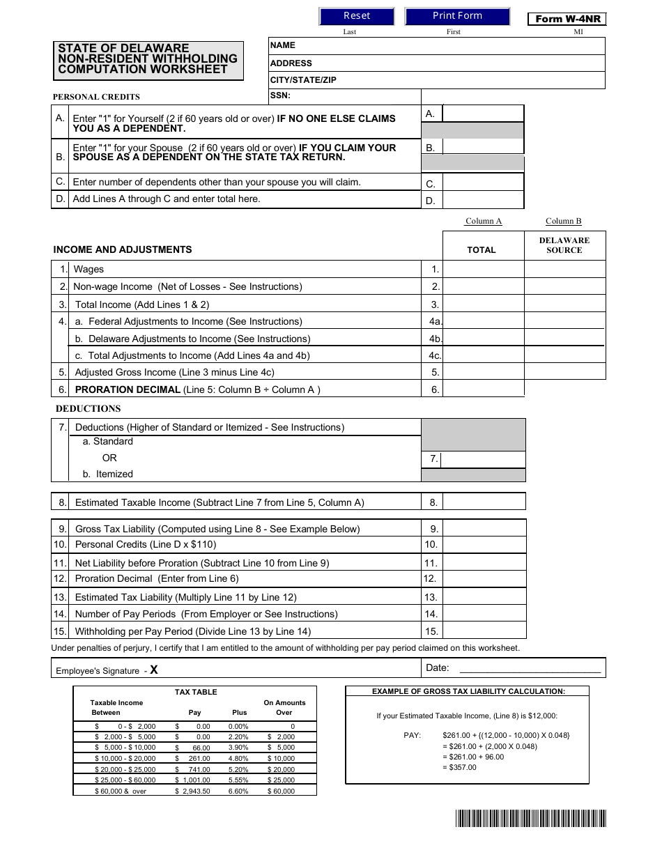 Form W-4NR Non-resident Withholding Computation Worksheet - Delaware, Page 1