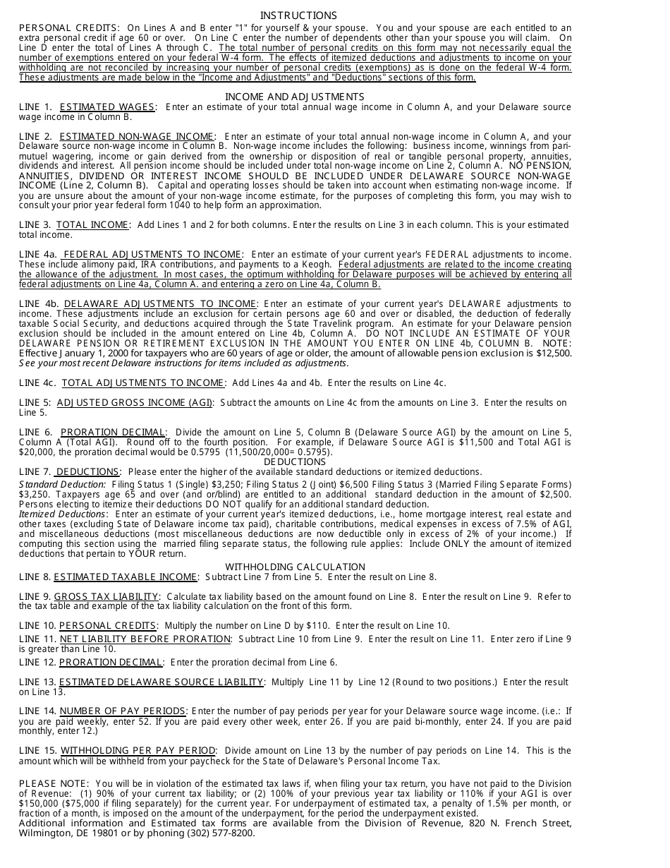 Form W-4NR Non-resident Withholding Computation Worksheet - Delaware, Page 2